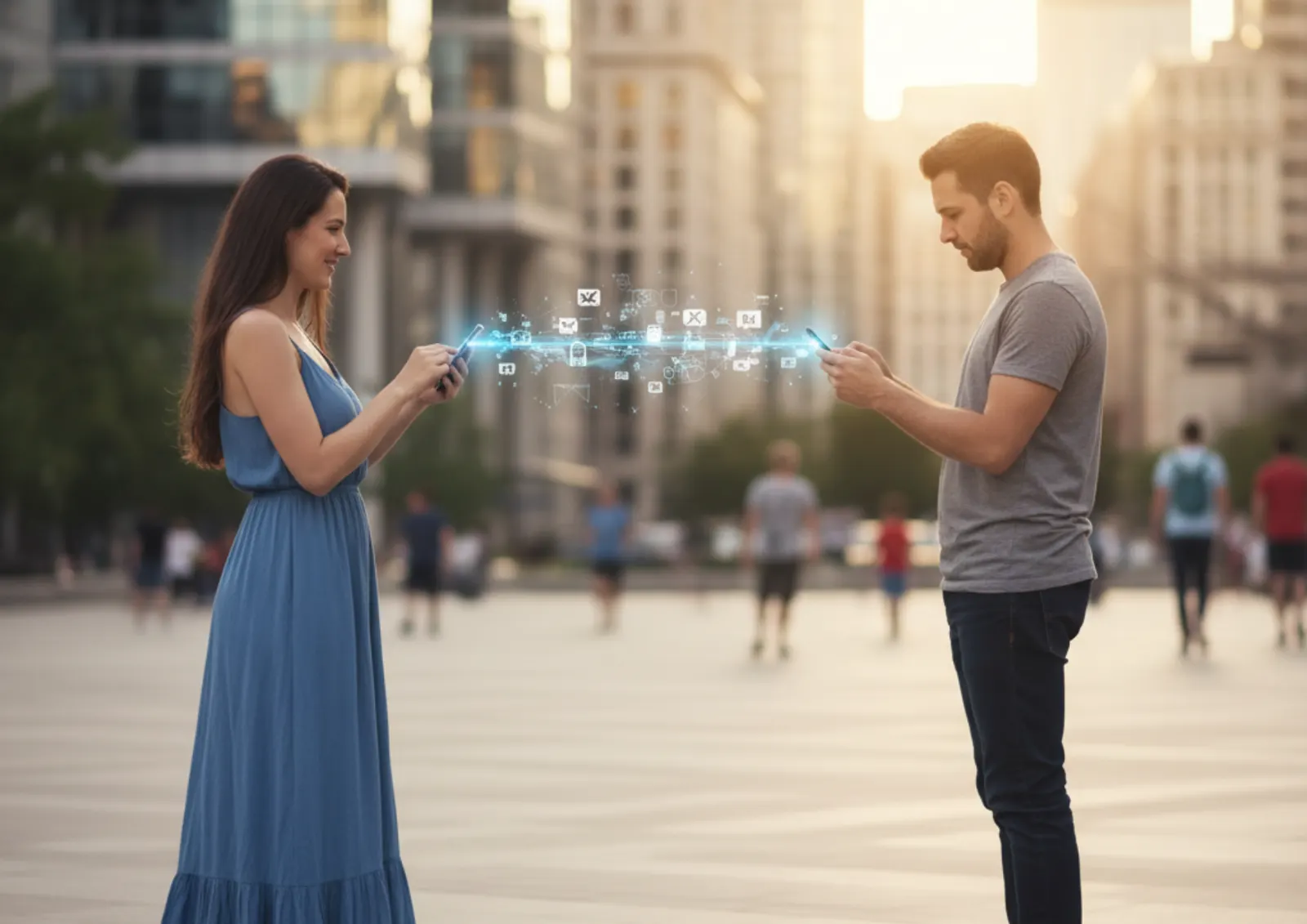 Deux personnes connectées par leurs téléphones sur une place en ville